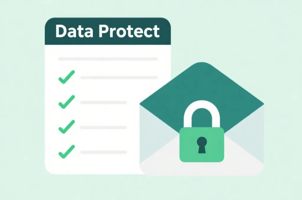 A conceptual illustration of data protection, showing a checklist with green checkmarks and a stylized envelope with a secure lock, clean vector style